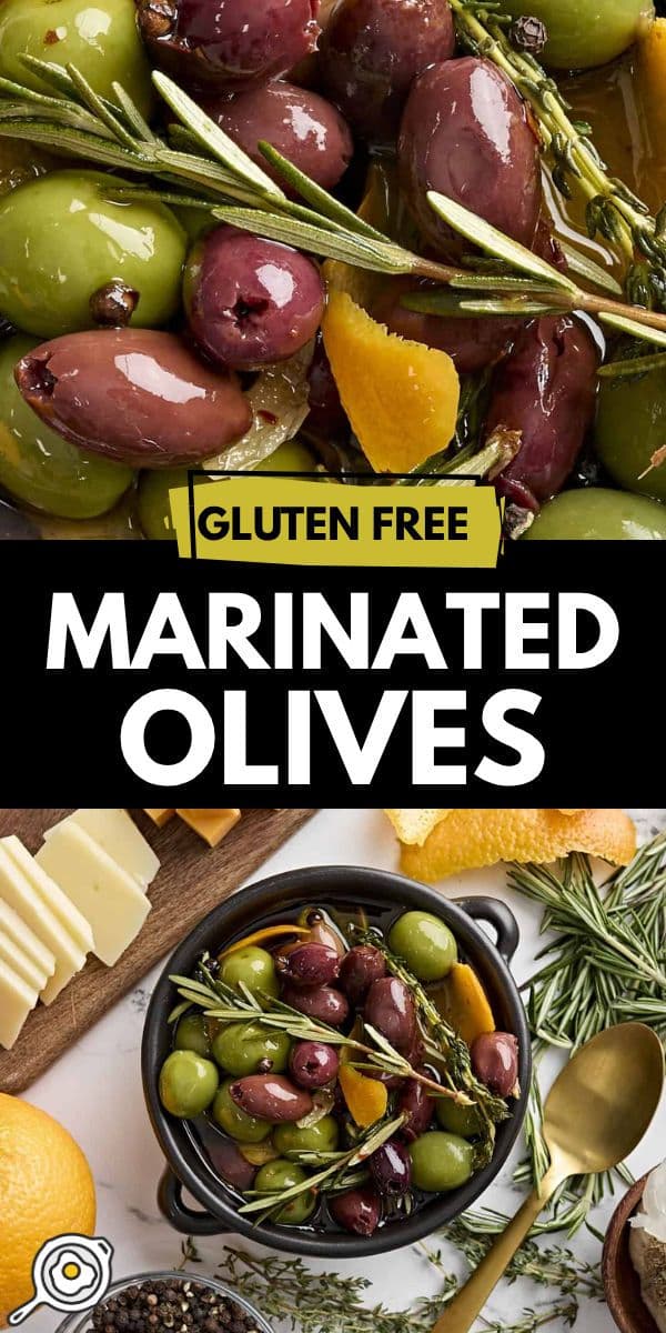 Save this Budget Bytes recipe on how to make marinated olives! This easy holiday appetizer is sweet and slightly spicy! Made with Mediterranean olive mix, orange, and garlic, this budget recipe is a perfect New Year's Eve food idea and an easy homemade snack that's also a fun addition to any charcuterie board. It's a vegan recipe, a gluten free food, and a vegetarian dish, too! Save this pin!