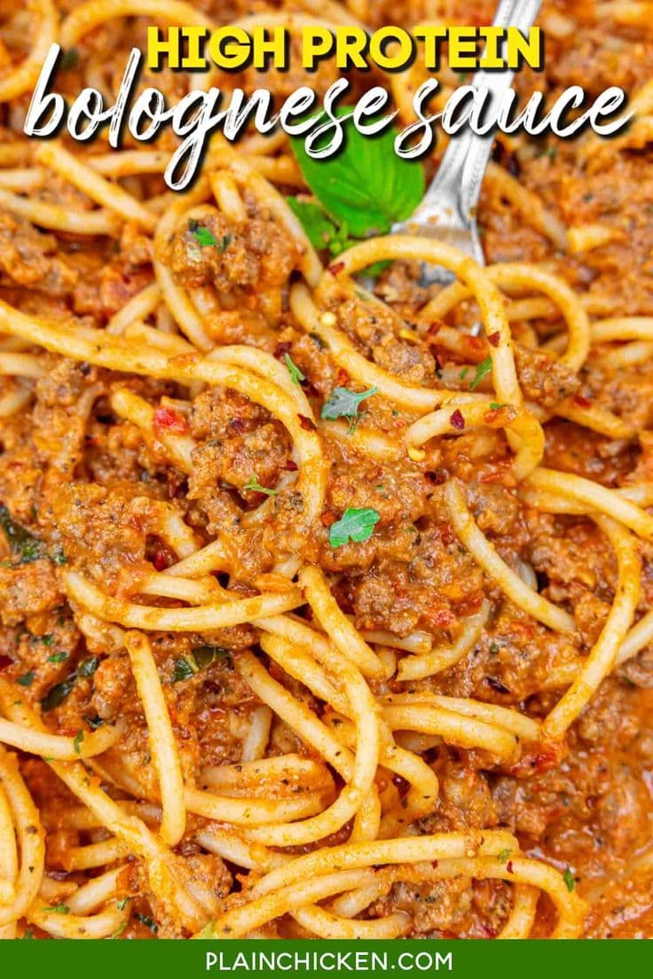 High-Protein Bolognese Sauce Recipe - a high-protein twist on the classic! Made with lean ground beef, sausage, cottage cheese, tomatoes, and fresh herbs. Rich, hearty, and full of flavor without being heavy. Perfect weeknight pasta dinner the whole family will love.