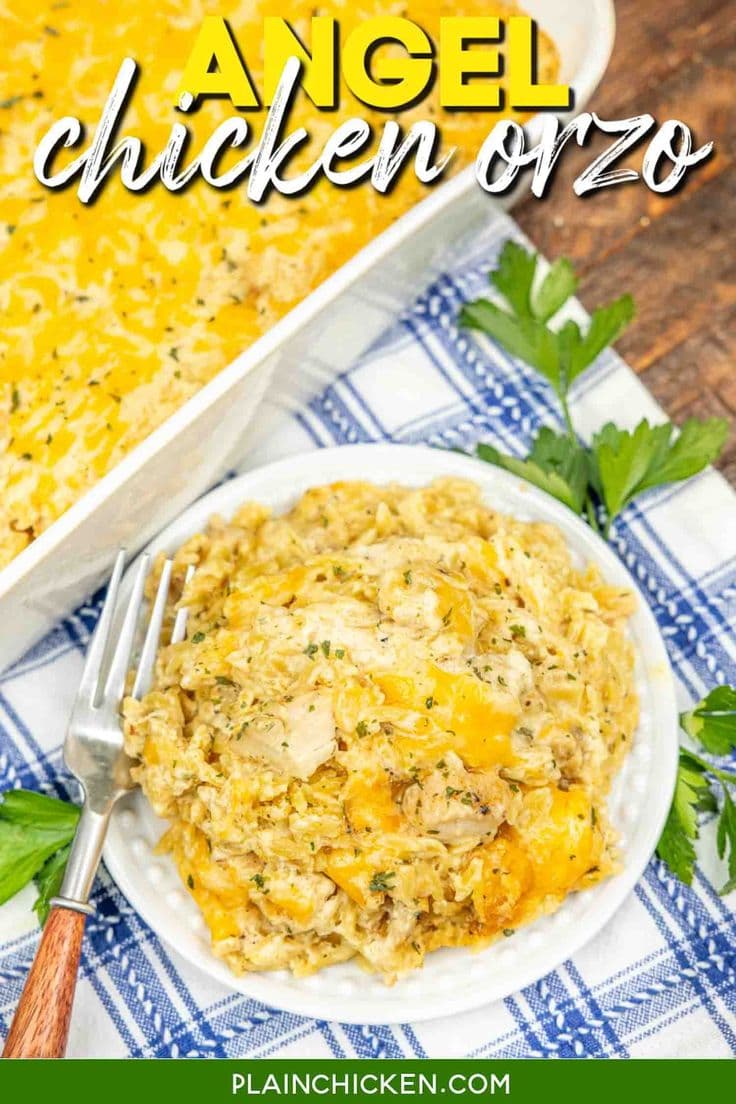 Angel Chicken Orzo Recipe - creamy, cheesy comfort food made with orzo, rotisserie chicken, cream cheese, sour cream, butter, chicken broth, garlic, cream of chicken soup, Colby Jack cheese, and Italian dressing mix. Easy to make and always a hit with the whole family! Perfect for weeknight dinners or potlucks.