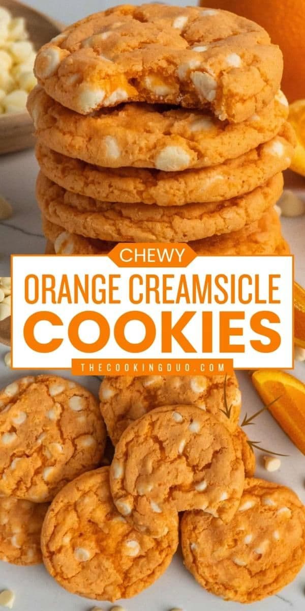 Need a simple Christmas cookie? Share these soft and chewy creamsicle orange cookies with your loved ones! Super easy to make, these orange creamsicle cookies with Jello are a delicious homemade Christmas treat and a perfect baking recipe loaded with white chocolate chips. This easy dessert recipe is a sweet food with a gluten free option! Save this pin!