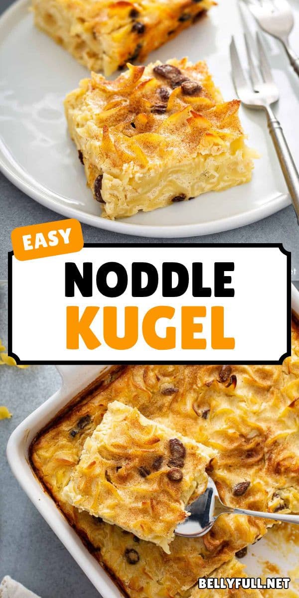 Add a slightly Sweet Noodle Kugel to your morning breakfast! Also known as Noodle Pudding, this easy Hanukkah recipe is a traditional Jewish holiday casserole similar to bread pudding, but with noodles instead of bread. It's the perfect side dish for dinner, and an easy dessert recipe, too! This Belly Full recipe is deliciously creamy! Save this pin!