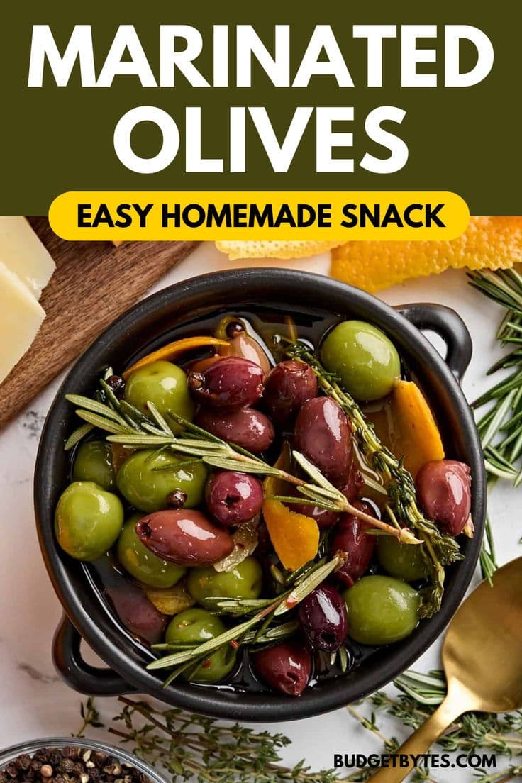 Save this Budget Bytes recipe on how to make marinated olives! This easy holiday appetizer is sweet and slightly spicy! Made with Mediterranean olive mix, orange, and garlic, this budget recipe is a perfect New Year's Eve food idea and an easy homemade snack that's also a fun addition to any charcuterie board. It's a vegan recipe, a gluten free food, and a vegetarian dish, too! Save this pin!