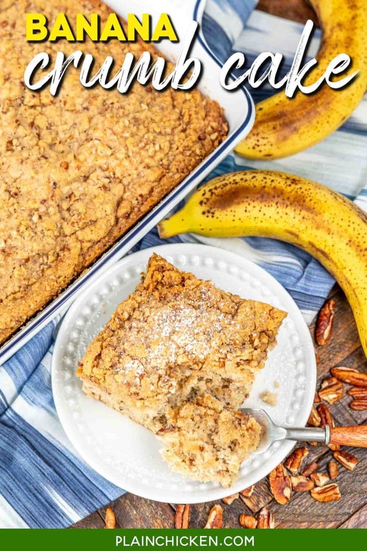 Banana Crumb Cake Recipe - a soft and moist banana cake topped with a thick, buttery cinnamon crumb topping. Perfect for breakfast, brunch, or dessert! Easy to make and packed with flavor. A great way to use up ripe bananas! (bananas, Bisquick, sugar, milk, vegetable oil, eggs, vanilla, cinnamon, pecans,, brown sugar, butter)