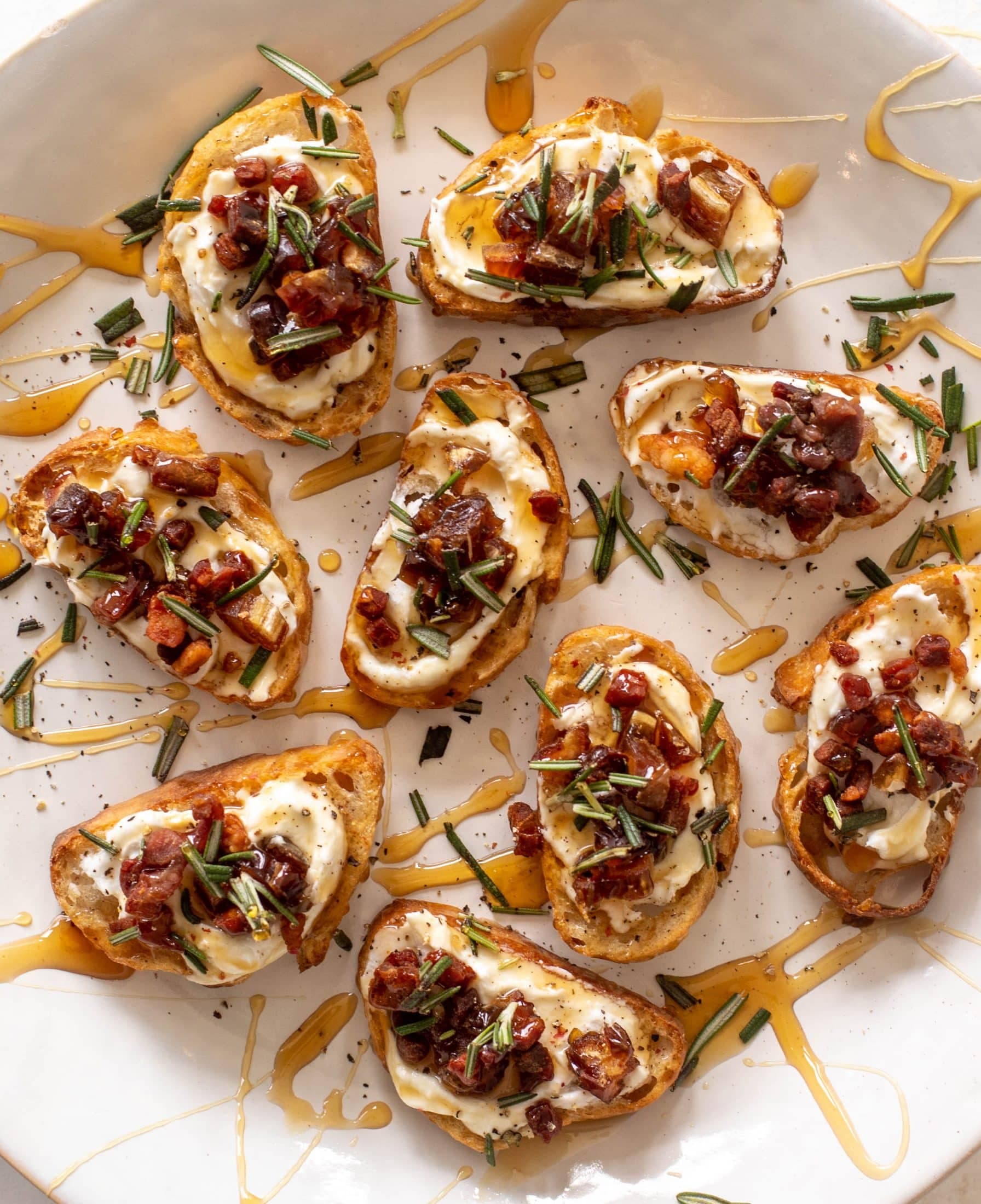 Crispy Pancetta and Date Whipped Ricotta Crostini.